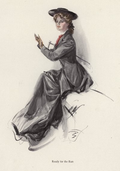 Mladá žena se připravuje na jízdu na koni (barva litho) od Harrison Fisher