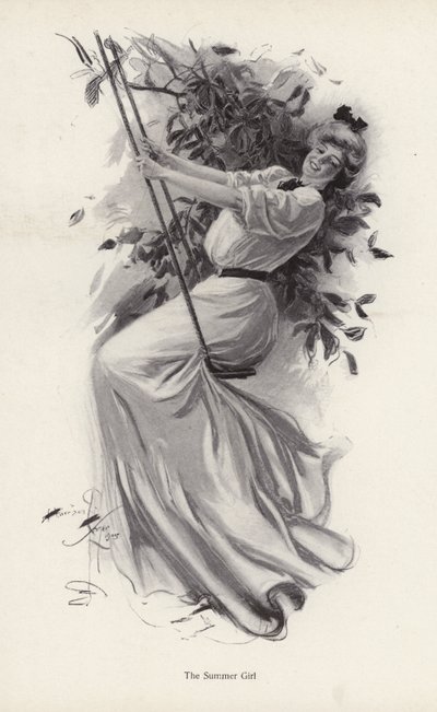 Mladá žena na houpačce (litho) od Harrison Fisher