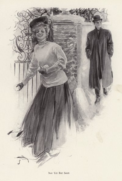 Mladá žena čekající házet sněhové koule na muže (litho) od Harrison Fisher