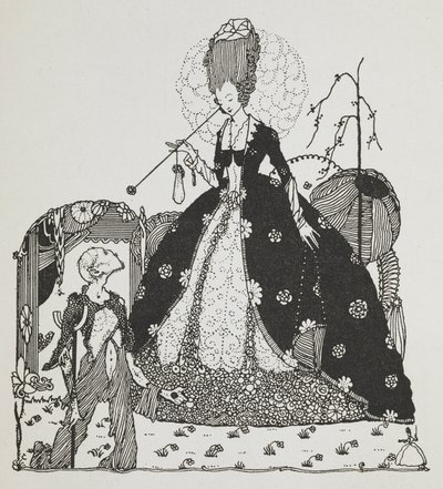 Dáma shlíží na rolníka a prosí o peníze. od Harry Clarke