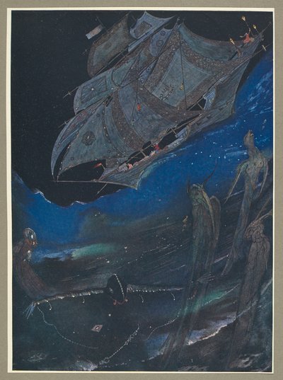 Kuvassa laiva merellä ja kala sen alla. od Harry Clarke