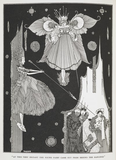 "Tässä hetkessä nuori keiju tuli ulos hirttien takaa." Kuvitus tarinalle "Puun nukkuva kaunotar". od Harry Clarke