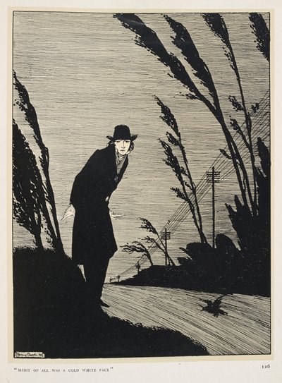 Černý a bílý. "Uprostřed všeho byla studená bílá tvář." Muž oblečený v černém; řada telegrafních sloupů. od Harry Clarke