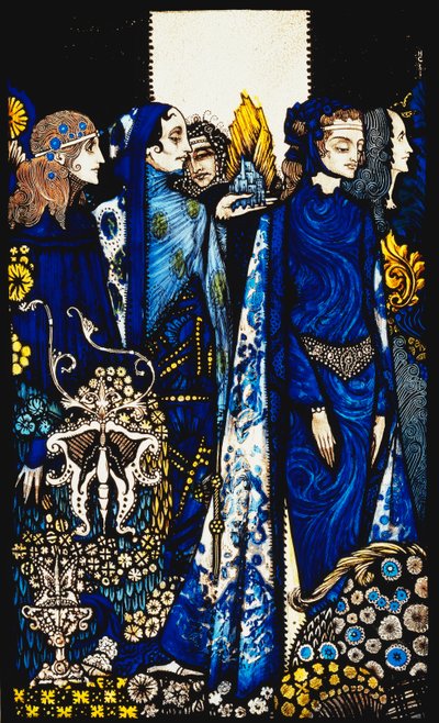 Etain, Helen, Maeve a Fand, Něžná ruka Golden Deirdre. "Královny", devět skleněných panelů kyselých, obarvených a malovaných, ilustrující báseň J. M. Synge, 1917 od Harry Clarke