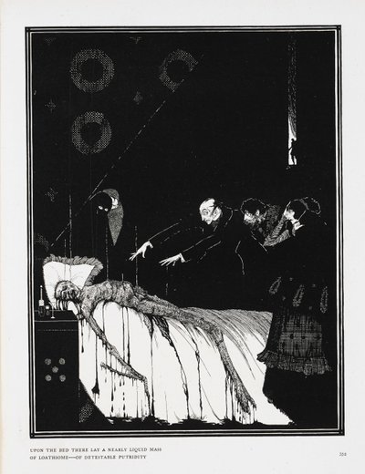 Z lůžka ležela téměř tekutá masa odporné - odporné hniloby." Ilustrace k příběhu „fakta v případě M. Valdemara“. od Harry Clarke