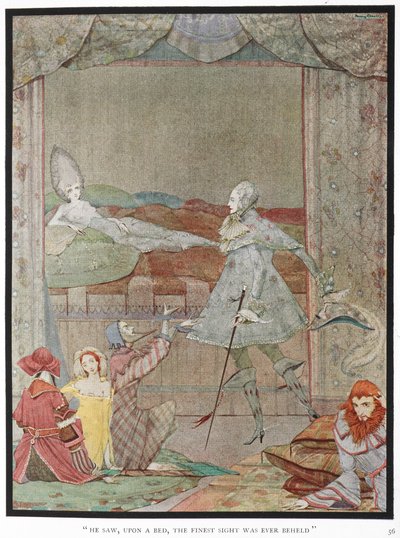 "Hän näki sängyllä hienoimman näkyn, joka oli koskaan nähty." Prinssi näkemässä prinsessan "Sleeping Beauty" hänen sängyssään. od Harry Clarke