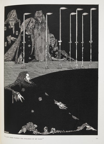 "Viděl jsem je, jak vytvářeli slabiky mého jména." Ilustrace k příběhu "jáma a kyvadlo". od Harry Clarke