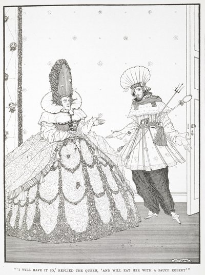"Dám si to tak," odpověděla královna, "a sním ji s omáčkou Robert." Ilustrace k příběhu „spící kráska v lese“. od Harry Clarke