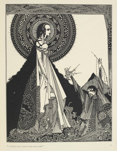 "Zavolal bych nahlas její jméno." Ilustrace Ligeia, povídka. „Ligeia“ je povídka od Edgara Allana Poea. Příběh sleduje nejmenovaného vypravěče a jeho manželku Ligeiu, krásnou a inteligentní ženu s havraními vlasy. Onemocní, složí „Th od Harry Clarke