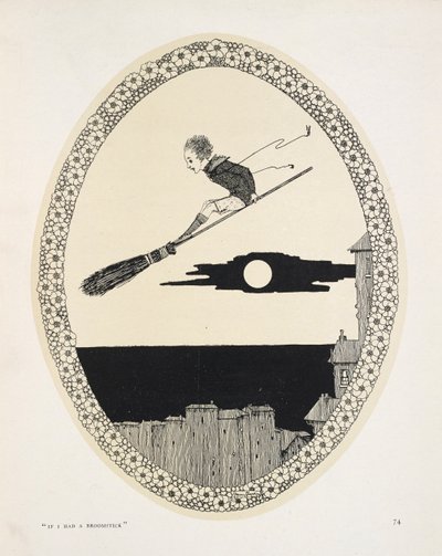 "Kdybych měl koště." Ilustrace k básni Patricka R. Chalmerse. Chlapec na koštěti od Harry Clarke