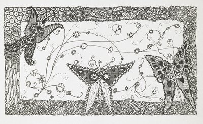 Ilustrace k příběhu „Mistr kočka nebo kocour v botách“. Motýlí design. od Harry Clarke