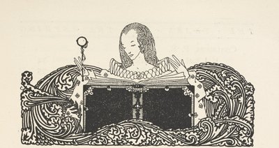 Ilustrace zobrazující ženu čtoucí knihu v horní části stránky s obsahem. od Harry Clarke