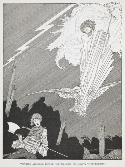 "Jupiter ilmestyi hänen eteensä heilutellen mahtavia salamuksiaan." Kuvitus "naurettavista toiveista". od Harry Clarke