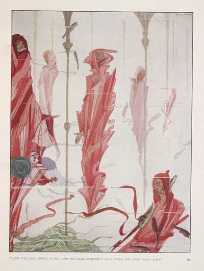 Umírající patriot. „A mrtví byli oděni do rudého a mořských lilií nad hlavou   houpat se, když foukají dlouhé větry" od Harry Clarke