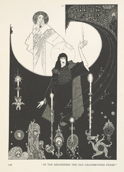 Pikku tulitikkutyttö. Kirkkaudessa seisoi vanha isoäiti. od Harry Clarke
