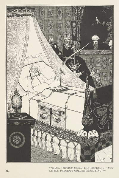 Slavík. "Hudba! Hudba!" zvolal císař. "Ty malý drahý zlatý ptáčku, zpívej!" od Harry Clarke