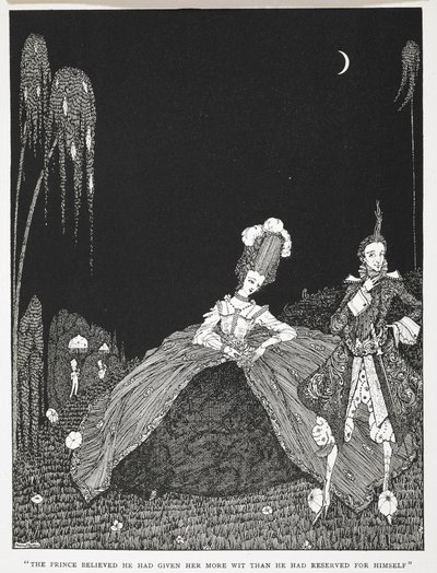 "Princ věřil, že jí dal víc důvtipu, než si ponechal pro sebe." Ilustrace k příběhu „Riquet s chomáčem“. od Harry Clarke