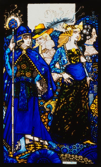 Královny ze Sáby, Meath a Connaught." "Královny", devět skleněných panelů kyselých, obarvených a malovaných, Ilustrující báseň J. M. Synge, 1917 od Harry Clarke