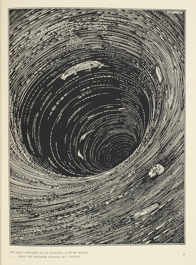 "Zdálo se, že loď visí... na vnitřním povrchu trychtýře obrovského po obvodu." Ilustrace k příběhu „Sestup do Maelstromu“. od Harry Clarke