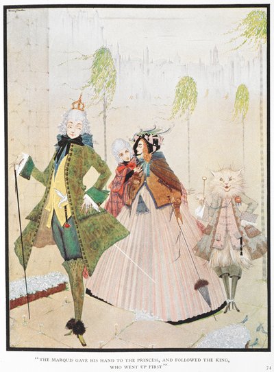 "Markýz podal ruku princům a následoval krále, který šel první." Ilustrace k příběhu „Mistr kočka nebo kocour v botách“. od Harry Clarke