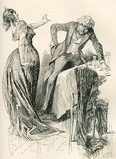 Edith a pan Carker. "Blížil se vesele k ní, když v mžiku zvedla nůž ze stolu a vydala se o krok zpět. "Zůstaň stát," řekla, "nebo tě zabiju!" Ilustrace Harry Furniss pro román Charlese Dickense od Harry Furniss