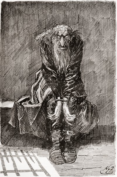 Fagin v Odsouzené cele. "Posadil se na kamennou lavici naproti dveřím, které sloužily jako sedadlo a postel, a vrhal své krví podlité oči na zem, snažil se shromáždit své myšlenky." Ilustrace Harry Furniss k románu Charlese Dickense od Harry Furniss