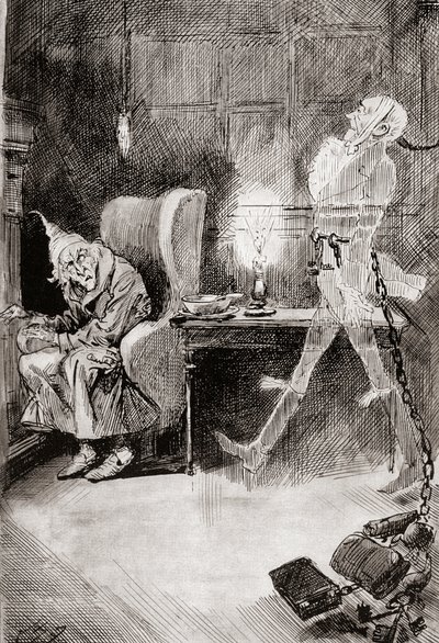 Ilustrace pro Vánoční koledu z vánočních knih od Charlese Dickense od Harry Furniss