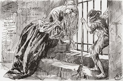 Lady Dedlocková a Jo. "Byl tam umístěn," říká Jo, drží se mříží a dívá se dovnitř, zatímco lady Dedlocková se stáhne do kouta. Ilustrace Harryho Furnisse k románu Charlese Dickense Bleak House, z The Testimonial Edition, vydaném v roce 1910. od Harry Furniss