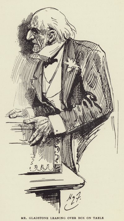 Pan Gladstone se sklání nad krabicí na stole od Harry Furniss