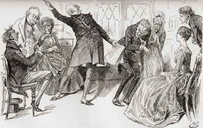 Pan Micawber dosáhne pádu Heep. Triumfální vzkvétání, s nímž pan Micawber přednesl svá slova, měl mocný účinek na to, aby vyděsil matku, která ve velkém vzrušení vykřikla: „Ury! Ury! Buď skromný a dohodni se, má drahá!" Illu od Harry Furniss