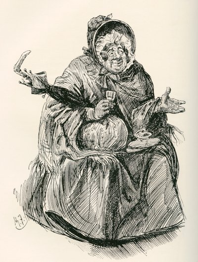 paní Gampová. Ilustrace Harryho Furnisse k románu Charlese Dickense Martin Chuzzlewit z The Testimonial Edition, vydaného v roce 1910. od Harry Furniss