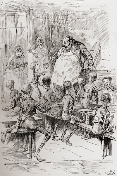 Hladovění v Workhouse. "Prosím, pane, chci ještě." "Mistr několik vteřin hleděl v ohromeném úžasu na malého rebela a přitiskl se k mědi. Asistenti byli paralyzováni úžasem, chlapci strachem." Ilustrace b od Harry Furniss