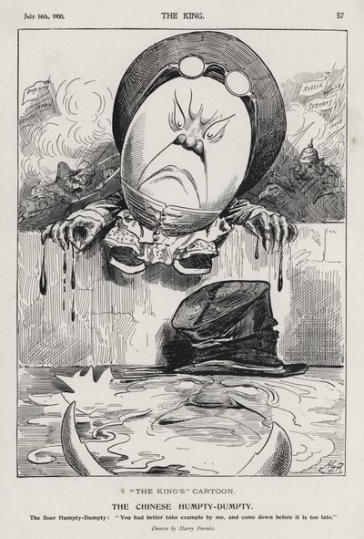 Čínský Humpty Dumpty, karikatura o povstání boxerů a búrské válce (rytina) od Harry Furniss