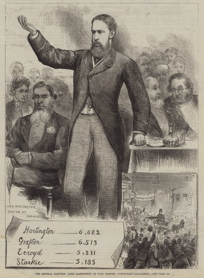 Všeobecné volby, Lord Hartington v Over Darwen, severovýchodní Lancashire od Harry Furniss