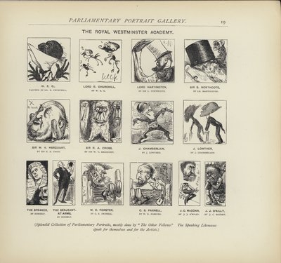 Královská Westminsterská akademie – představa, jak by se politici mohli navzájem malovat (litho) od Harry Furniss