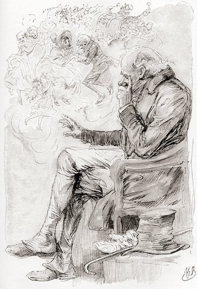Trottyho sen. "Snil snad Trotty? Nebo jsou jeho radosti a strasti a herci v nich jen snem; on sám snem; vypravěč tohoto příběhu je snílek, bdělý, ale teď?" Ilustrace Harryho Furnisse k povídce The Chimes from The Christmas Book od Harry Furniss