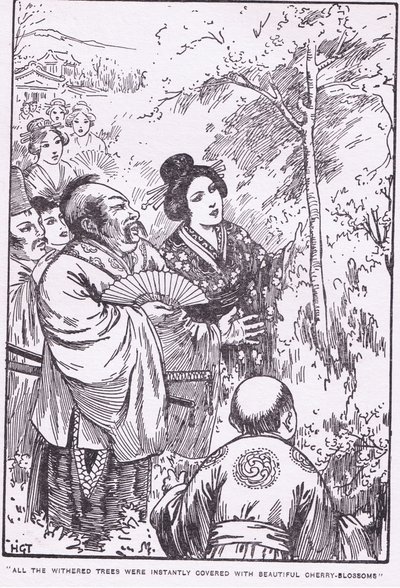 Všechny uschlé stromy se okamžitě pokryly krásným třešňovým květem (Stařec, který nechal uschnout stromy) (litografie) od Harry George Theaker