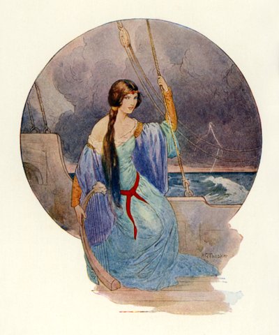 "Nakonec, když zářivý blesk zahalil celou loď do modrých plamenů, píseň náhle utichla." (barevná litografie) od Harry George Theaker
