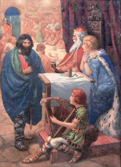 Scéna hostiny z knihy "Dětské příběhy ze severských legend", kterou vydal Raphael Tuck (barevná litografie) od Harry George Theaker