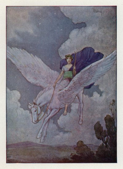 Bellerofón a jeho stříbrokřídlý kůň (barevná litografie) od Harry George Theaker