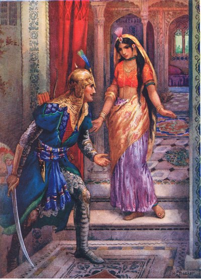 Když spatřila Rámu, vyrazila vpřed. Z knihy Dobrodružství Rámy a Síty, ilustrace z knihy "Dětské příběhy z indických legend", asi 30. léta 20. století (barevná litografie). od Harry George Theaker