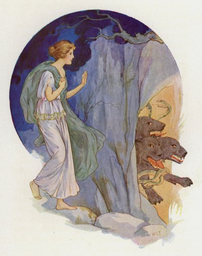 Cerberus, strašlivý pes se třemi hlavami (barevná litografie) od Harry George Theaker