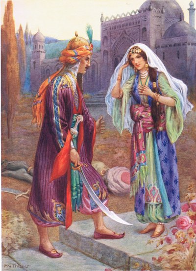 Codadad zabíjí černošského obra, ilustrace z "Dětských příběhů z arabských nocí", Rose Yeatman Woolfová, cca 1920 (barevná litografie) od Harry George Theaker
