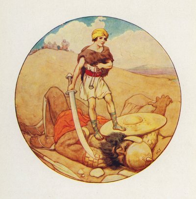 David uchopil obrův vlastní meč a usekl Goliášovi hlavu (barevná litografie). od Harry George Theaker