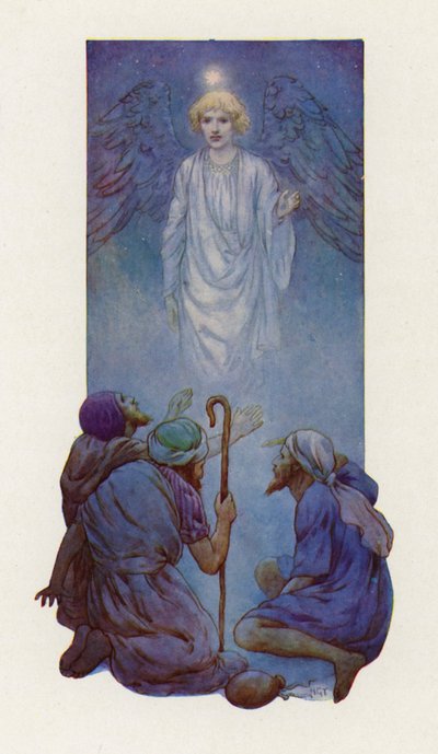 "Neboj se," řekl anděl (barevná litografie). od Harry George Theaker