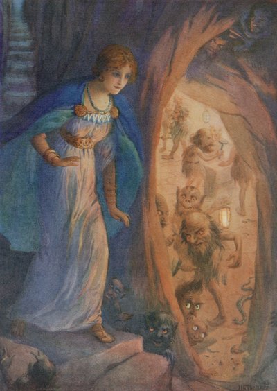 Freyja v jeskyni trpaslíků, z knihy "Freyjin náhrdelník" (barevná litografie) od Harry George Theaker