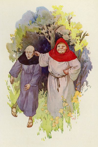 Mnich Tuck vedený za ucho hubeným, zuboženým mnichem (barevná litografie) od Harry George Theaker