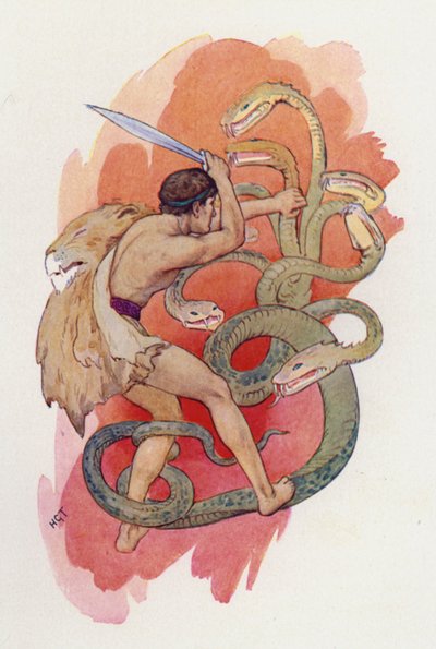 Herkules a sedmihlavý had (barevná litografie) od Harry George Theaker