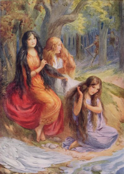 Hladgrun, Olrun a Alvit, ilustrace z knihy "The Wayland Smith" ilustrované v "Northern Legends" od Raphaela Tucka (pub) (barevná litografie) od Harry George Theaker