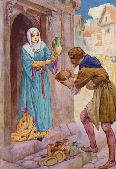"Přináším tyto ubohé nádoby jako dárek pro paní de Rainault," řekl Robin služce (barevná litografie). od Harry George Theaker